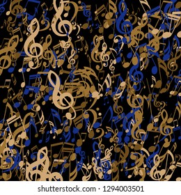 Strokes of Musical Notes. Modern Background with Notes, Bass and Treble Clefs. Vector Element for Musical Poster, Banner, Advertising, Card. Minimalistic Simple Background.