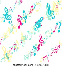 Strokes of Musical Notes. Trendy Background with Notes, Bass and Treble Clefs. Vector Element for Musical Poster, Banner, Advertising, Card. Minimalistic Simple Background.