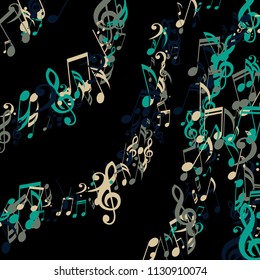 Strokes of Musical Notes. Trendy Background with Notes, Bass and Treble Clefs. Vector Element for Musical Poster, Banner, Advertising, Card. Minimalistic Simple Background.