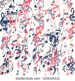 Strokes of Musical Notes. Trendy Background with Notes, Bass and Treble Clefs. Vector Element for Musical Poster, Banner, Advertising, Card. Minimalistic Simple Background.