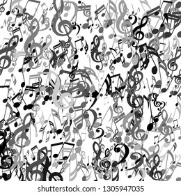 Strokes of Musical Notes. Trendy Background with Notes, Bass and Treble Clefs. Vector Element for Musical Poster, Banner, Advertising, Card. Minimalistic Simple Background.