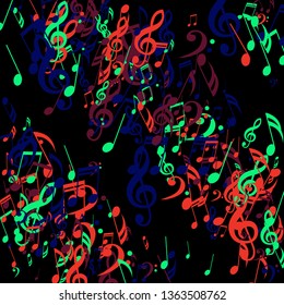 Strokes of Musical Notes. Trendy Background with Notes, Bass and Treble Clefs. Vector Element for Musical Poster, Banner, Advertising, Card. Minimalistic Simple Background.