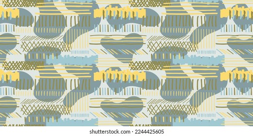 Strokes of paint lined up in rows. Children's drawing from dashes, casual and simple. Green and yellow dashes.