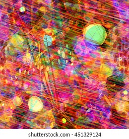Strokes, spots and lines. The predominance of yellow, purple and red. Abstract seamless vector pattern.