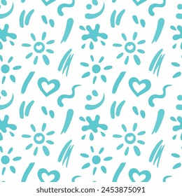 Strokes of sunscreen cream seamless pattern. Texture of lotion, spray, oil, toothpaste smudges. SPF cosmetic products touches. Sun, heart, smile, blob smears shapes. Vector illustration. Flat design