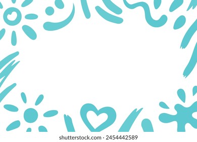 Strokes of sunscreen cream strokes square frame, copy space. Sun, heart, smile, blob smears shapes. Beach holidays, sun protection concept. Flat design, cartoon SPF cosmetic products touches template.