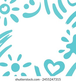 Strokes of sunscreen cream strokes square frame, copy space. Sun, heart, smile, blob smears shapes. Beach holidays, sun protection concept. Flat design, cartoon SPF cosmetic products touches template.