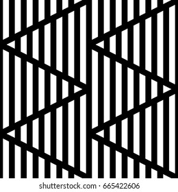 Strokes wallpaper. Black zigzag lines on striped background. Seamless surface pattern design with linear ornament. Broken lines motif. Digital paper with dashed stripes for textile print. Vector art.