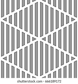 Strokes wallpaper. Seamless surface pattern design with linear ornament. Broken lines motif. White zigzag lines on striped background. Digital paper with dashed stripes for textile print. Vector art.