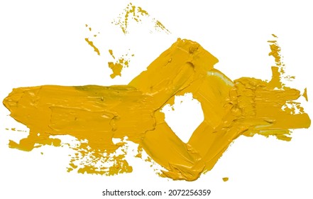 Strokes of yellow brush oil paint forming rhombus rey shape with area for the inscription. Abstract varnish splash trace shape. Glossy oil paint smear on white background. EPS10 vector illustration.