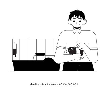 Stroking a cute hamster in a hug, kid and pet vector illustration.