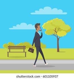 Stroll in city park concept. Man character with briefcase walking in public square and talking on phone flat vector. Urban infrastructure for people recreation. Businessman goes on work through park 