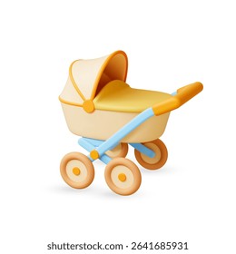 Stroller 3d icon. Isolated newborn carriage realistic element. Childhood accessory, baby transportation item. Plastic style rendering design, vector object