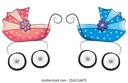 Stroller In Blue And Pink Color For Boy And Girl Vector Illustration in Cartoon Style. Baby Carriage
