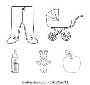 Stroller, bottle with a pacifier, toy, sliders. Baby born set collection icons in outline style vector symbol stock illustration web.