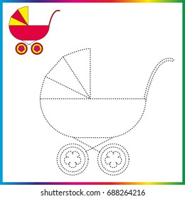 Stroller, connect the dots and coloring page. Worksheet - game for kids. Restore dashed line - trace game for children. 