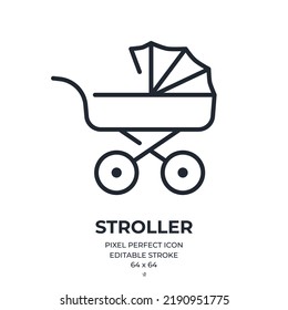 Stroller editable stroke outline icon isolated on white background flat vector illustration. Pixel perfect. 64 x 64.