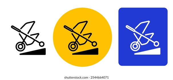 Símbolo de signo de carrito de bebé amigable con el cochecito etiqueta engomada de acceso deshabilitada Anuncio emblema rampa icono amarillo color azul