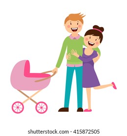 stroller , happy family , parents with child on walk , vector graphics