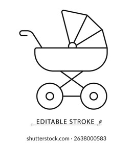 Stroller icon in clean linear style with cross-frame and canopy hood. Editable stroke vector perfect for newborn care, baby walking, parenting, nursery and childcare design. Stroller icon.