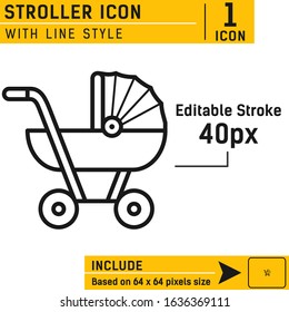 Stroller icon isolated on white background. Baby carriage, pram, perambulator vector illustration. Vector icon with line style. Design for business, web site or mobile app, UI, UX, web and other