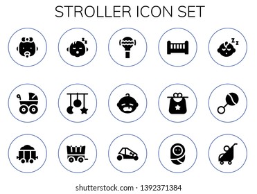 stroller icon set. 15 filled stroller icons.  Simple modern icons about  - Baby, Baby carriage, Crib toy, Rattle, Crib, Bib, Baby boy, Carriage, Buggy, Stroller