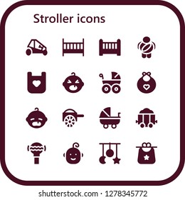  stroller icon set. 16 filled stroller icons. Simple modern icons about  - Buggy, Cot, Crib, Childhood, Bib, Baby, Baby carriage, Baby bib, Carriage, Stroller, Rattle, Crib toy