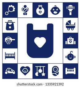 stroller icon set. 17 filled stroller icons.  Simple modern icons about  - Rattle, Bib, Carriage, Cot, Stroller, Baby bag, Baby boy, Buggy, Childhood, Baby, bib, Crib toy