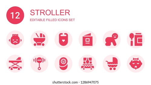 stroller icon set. Collection of 12 filled stroller icons included Baby, Baby carriage, Bib, Baby book, walker, Rattle, Newborn, Carriage, Stroller, food