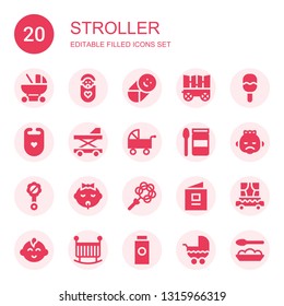 stroller icon set. Collection of 20 filled stroller icons included Baby carriage, Baby, Carriage, Rattle, Bib, Baby walker, Pushchair, food, book, boy, Crib, powder
