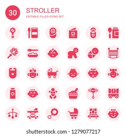 stroller icon set. Collection of 30 filled stroller icons included Rattle, food, Newborn, book, Baby, Baby boy, Bib, Pushchair, Baby powder, Baby girl, Crib, Carriage