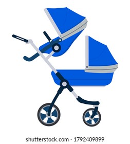 Stroller icon vector. Blue carriage for baby isolated on white color. Carrycot for newborn. Stroller for twins baby.