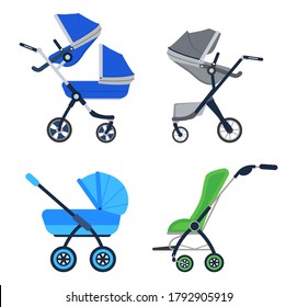 Stroller icon vector set. Blue, green, grey carriage for baby isolated on white color. Carrycot for newborn. Stroller for twins.