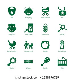 stroller icons. Editable 16 stroller icons. Included icons such as Bib, Baby boy, Baby stroller, Baby girl, food, Newborn, Rattle, Fatherhood. trendy icons for web.