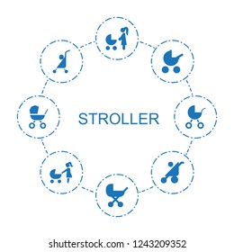 stroller icons. Set of 8 filled stroller icons included woman with baby carriage, baby stroller on circle background. Editable stroller icons for web, mobile and infographics.