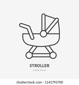 Stroller line icon, girl toy flat logo. Baby carriage, newborn vector illustration. Sign for kids shop.