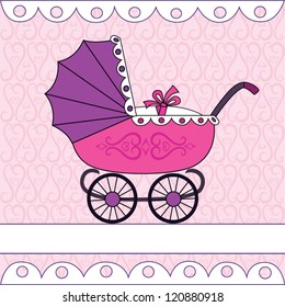 Stroller for newborn girl with lace on a pink background with texture
