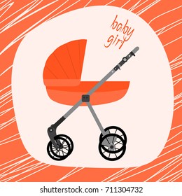 Stroller for newborn girl. Postcard. Vector illustration