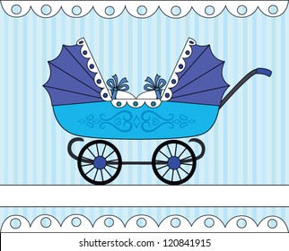 Stroller for newborn twins, blue with lace on striped background