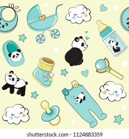 Stroller, nipple, bottle, clothes and other children's accessories with pandas on a yellow background seamless pattern