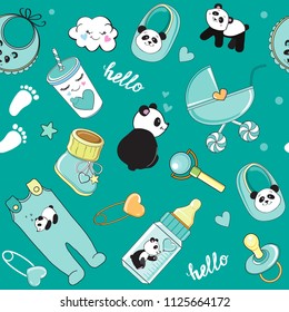 Stroller, nipple, bottle, clothes and other children's accessories with pandas on a blue background seamless pattern
