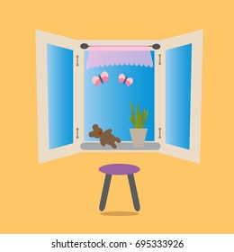 stroller open window with children's toys and a flower on the windowsill. Symbolizes the interior detail and a danger to small baby