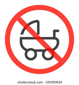 Stroller, pram line icon in prohibition red circle, No baby carriage ban or stop sign, forbidden symbol. Vector illustration isolated on white