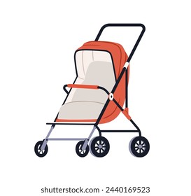 Stroller, summer pushchair. Baby buggy carriage. Empty pram seat, foldable carrier for newborn children. Kids transport for walking outdoor. Flat vector illustration isolated on white background