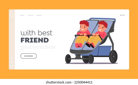 Stroller for Twins Landing Page Template. Baby Couple Sitting in Double Stroller. Cute Children Characters Sit in Walking Pram, Kid Carriage for Street Promenade. Cartoon People Vector Illustration