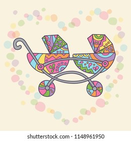Stroller for twins. Vector illustration in doodle and cartoon style. Color card