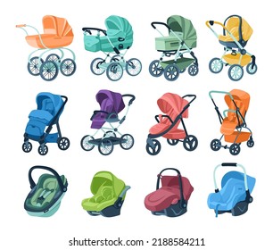 Strollers and car seats for babies vector illustrations set. Buggies or carriages for newborn children, infant car seats isolated on white background. Safety, transportation, baby care concept