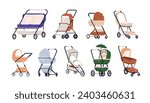 Strollers, prams, pushchairs set. Empty baby carriages, wheeled cradles. Childs carts, infants transports for walking, different design types. Flat vector illustrations isolated on white background