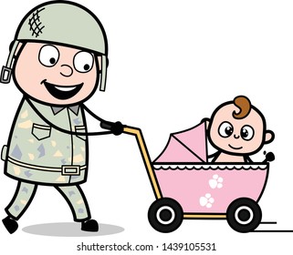 Strolling with Baby - Cute Army Man Cartoon Soldier Vector Illustration