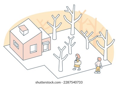 Pasear por una casa tranquila entre árboles.